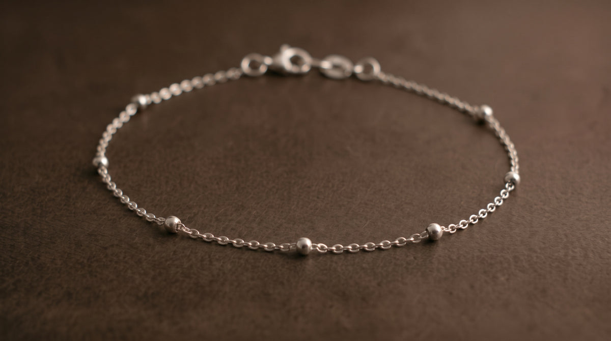 Stamped Rolo Chain with Beads Bracelet - Sterling Silver 925