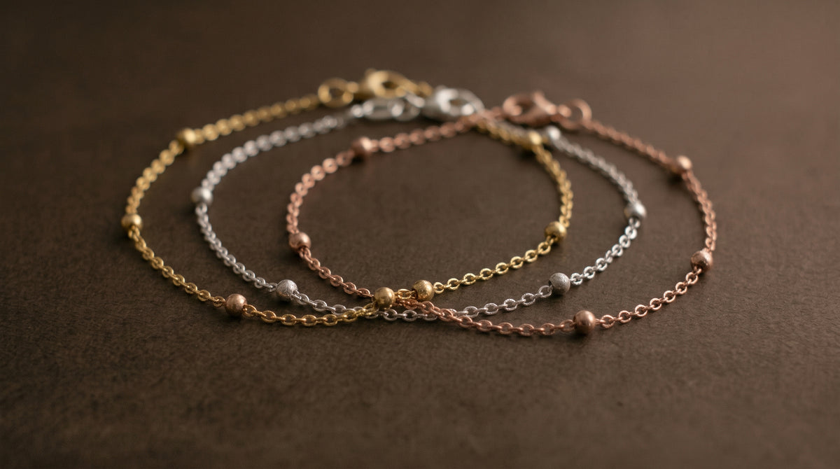 Stamped Rolo Chain with Beads Bracelet - Gold Plated