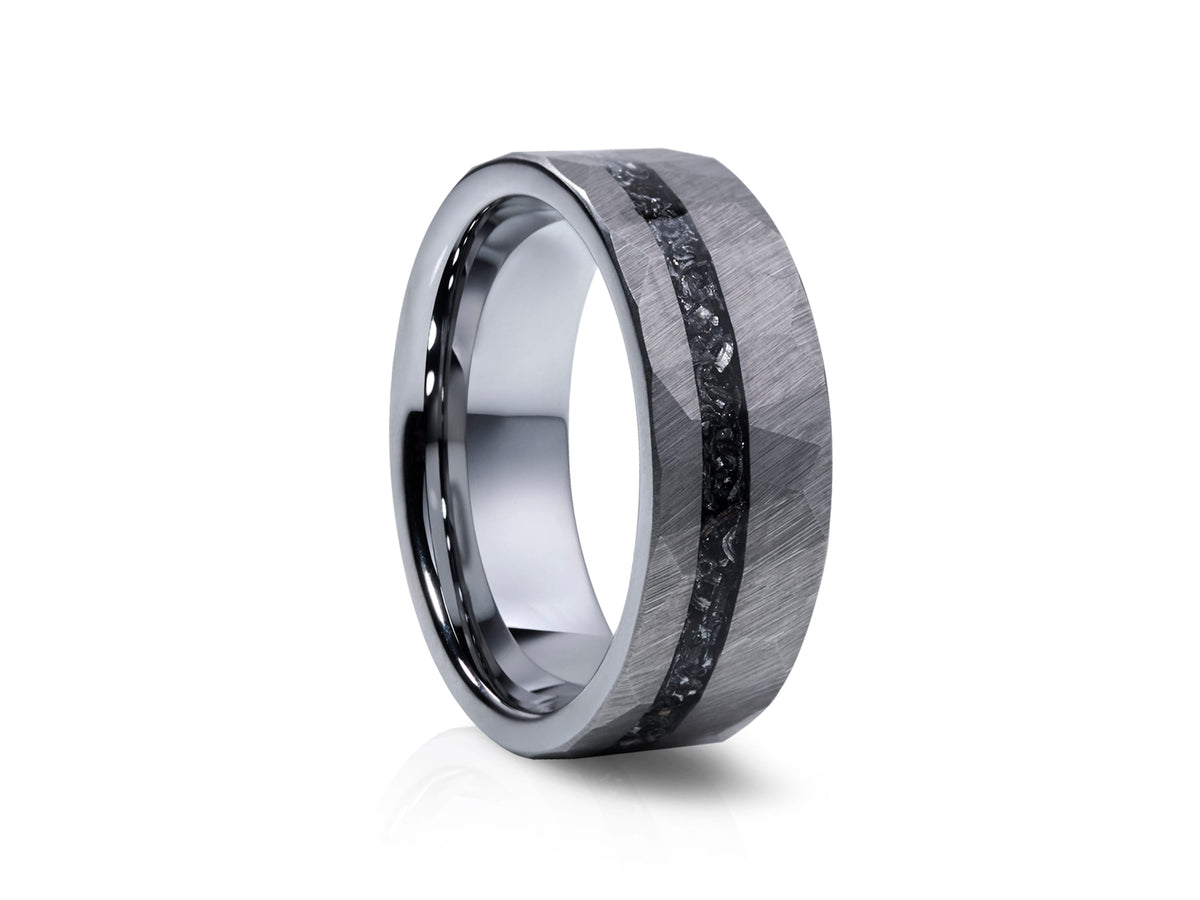 Faceted Tungsten Band with Crushed Meteorite Inlay