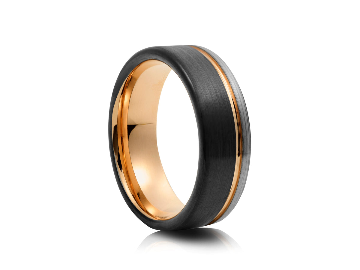Brushed Two-Tone Black & Silver Band with Rose Gold Inlay