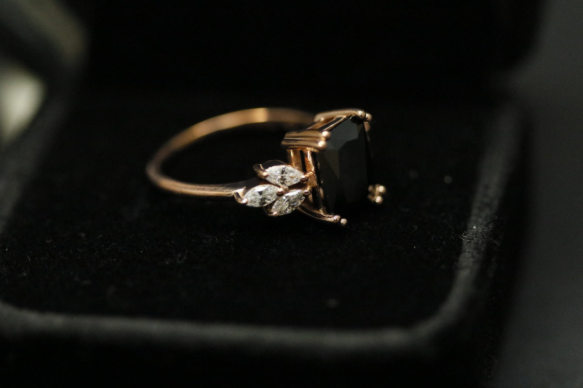 Black Princess-Cut Diamond Ring with Marquise Side Cluster