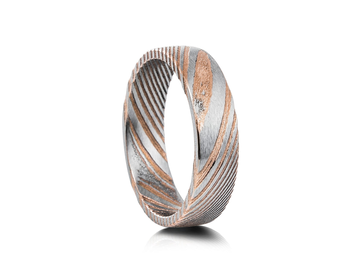 Matte Silver Damascus Steel Ring with Rose Gold Plating