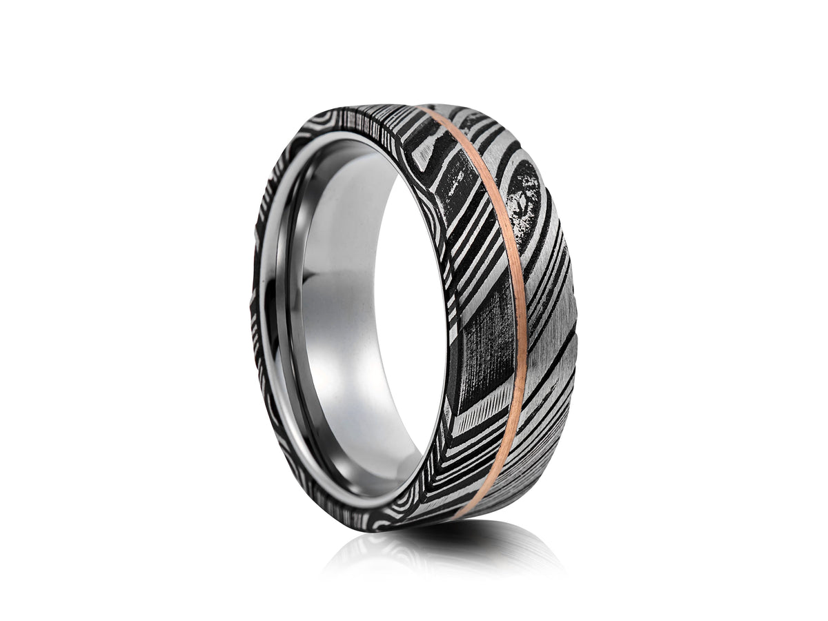 Damascus Steel Band with Rose Gold Inlay