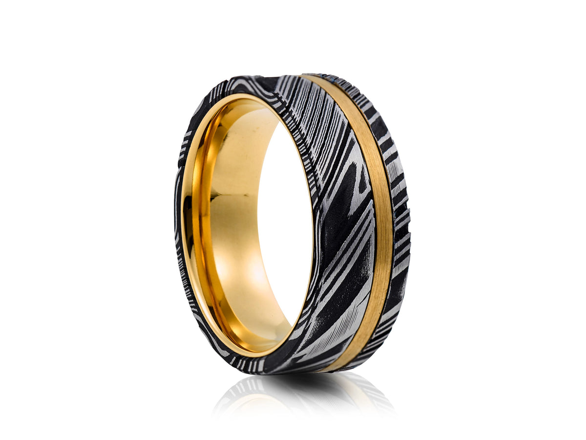 Damascus Steel Band with Yellow Gold Inlay