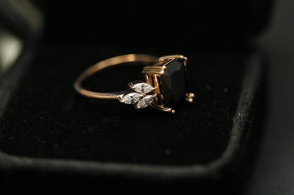 Black Princess-Cut Diamond Ring with Marquise Side Cluster