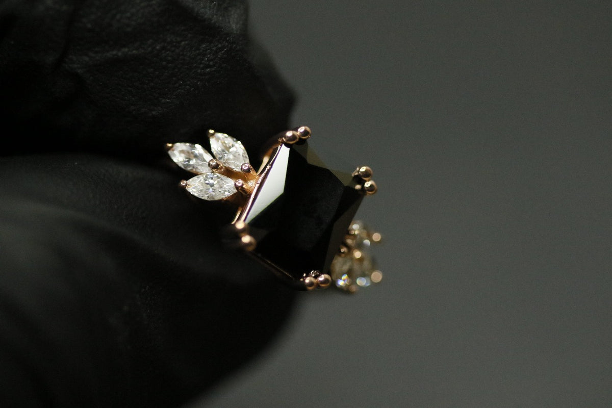 Black Princess-Cut Diamond Ring with Marquise Side Cluster