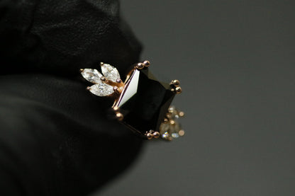 Black Princess-Cut Diamond Ring with Marquise Side Cluster