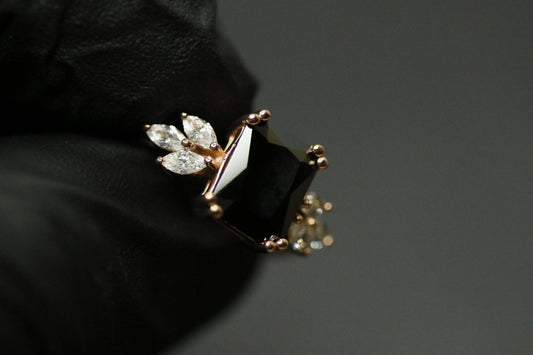 Black Princess-Cut Diamond Ring with Marquise Side Cluster